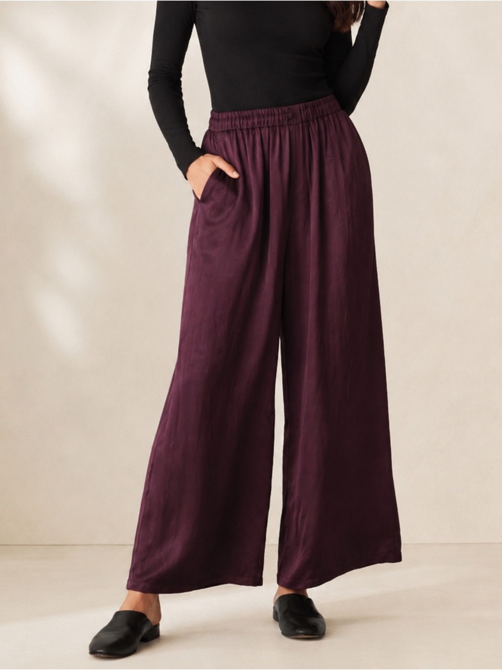 Eileen Fisher Wine Textured Satin Wide-Leg Pants Sz L Elastic Waist NWT